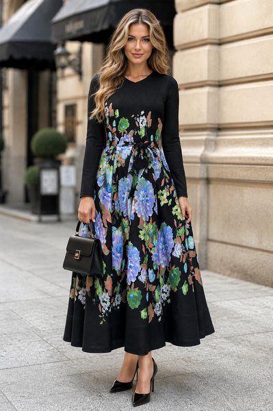 N2641 MIDNIGHT FLORAL CRINKLE BOUNCY MAXI DRESS
