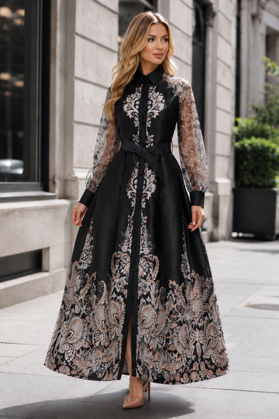 T26007 PAISLEY PRINT SHEER SLEEVE MIKADO MAXI DRESS