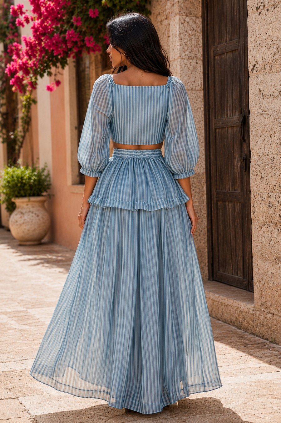 W6631 BOHEMIAN STRIPE TIE TOP SKIRT SET