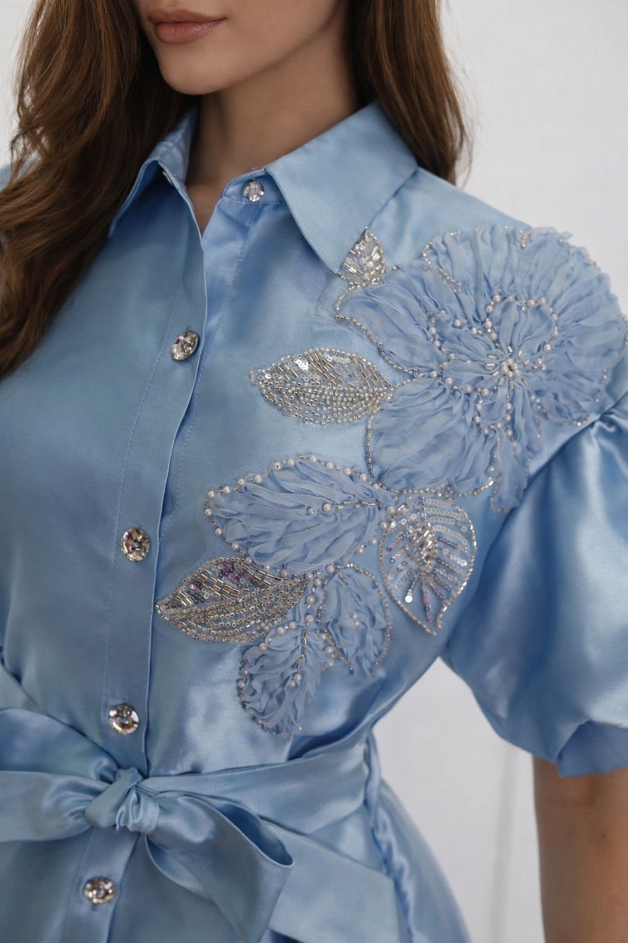 T2667 FLORAL APPLIQUE PUFF SLEEVE MAXI DRESS