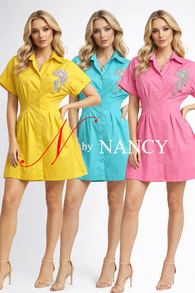 S3105 EMBELLISHED BUTTON-FRONT SHIRT DRESS (YEL-GRN, TEAL)