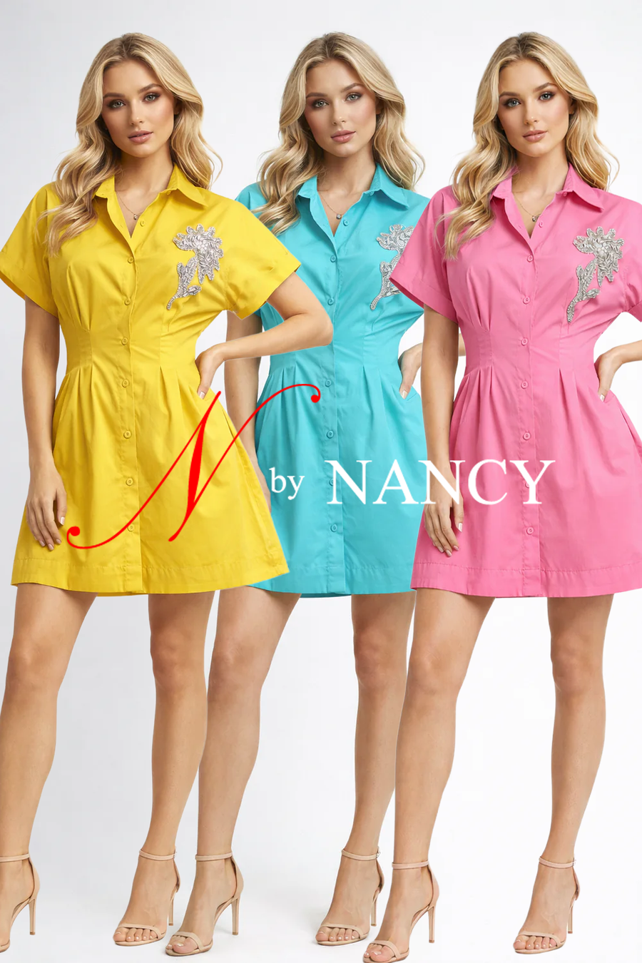 S3105 EMBELLISHED BUTTON-FRONT SHIRT DRESS (YEL-GRN, TEAL)