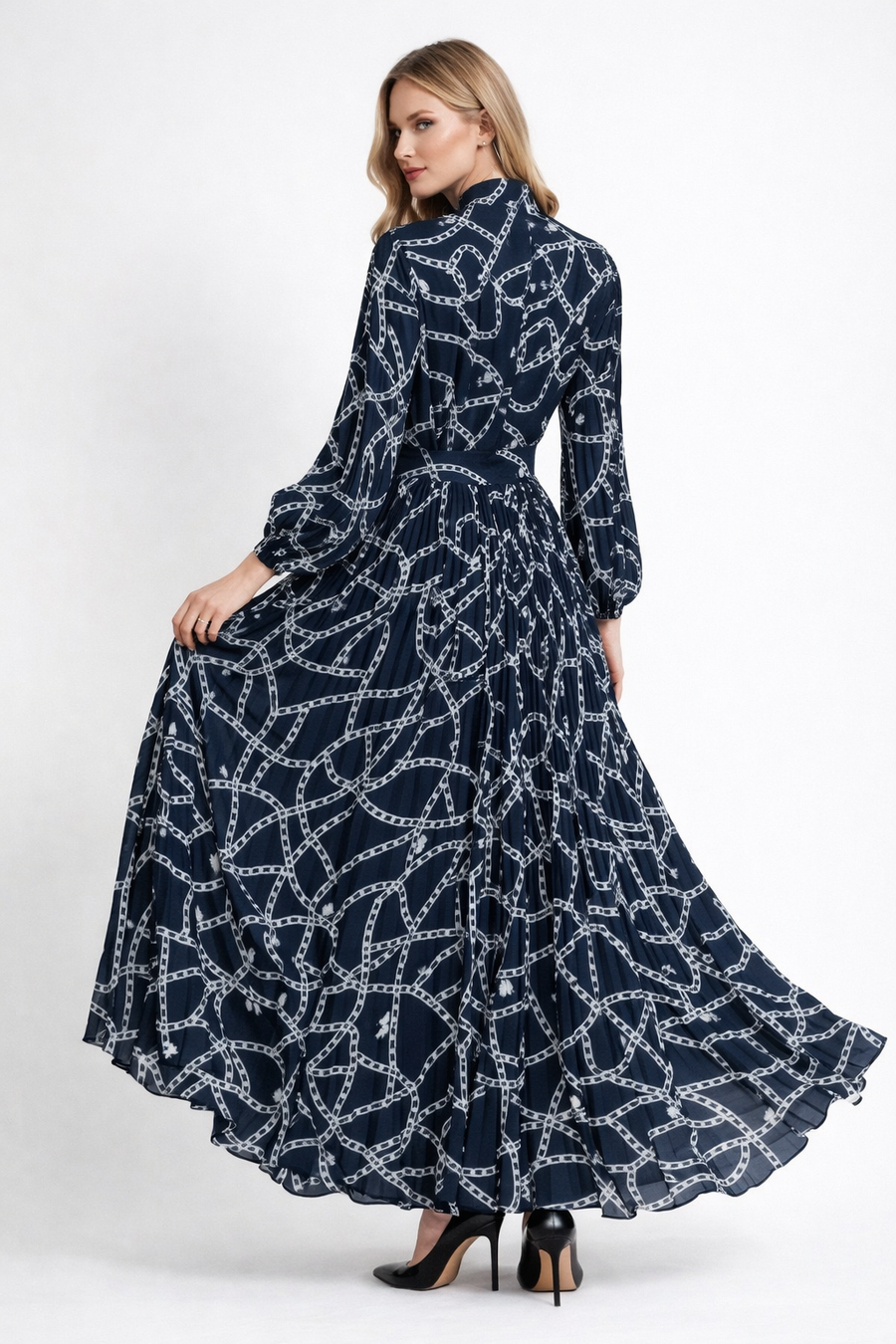 C3532 CHAIN PRINT PLEATED MAXI SKIRT SET