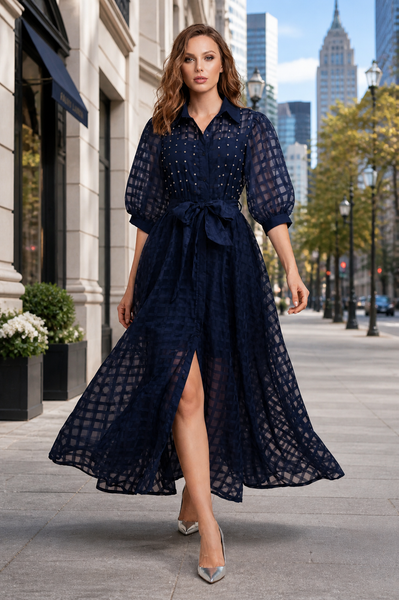 CH0222 STUDDED ORGANZA SHIRT DRESS (WHT, NAVY)