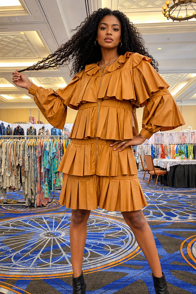 X7657 LAYERED FAUX LEATHER DRESS (S, M, XXXL)