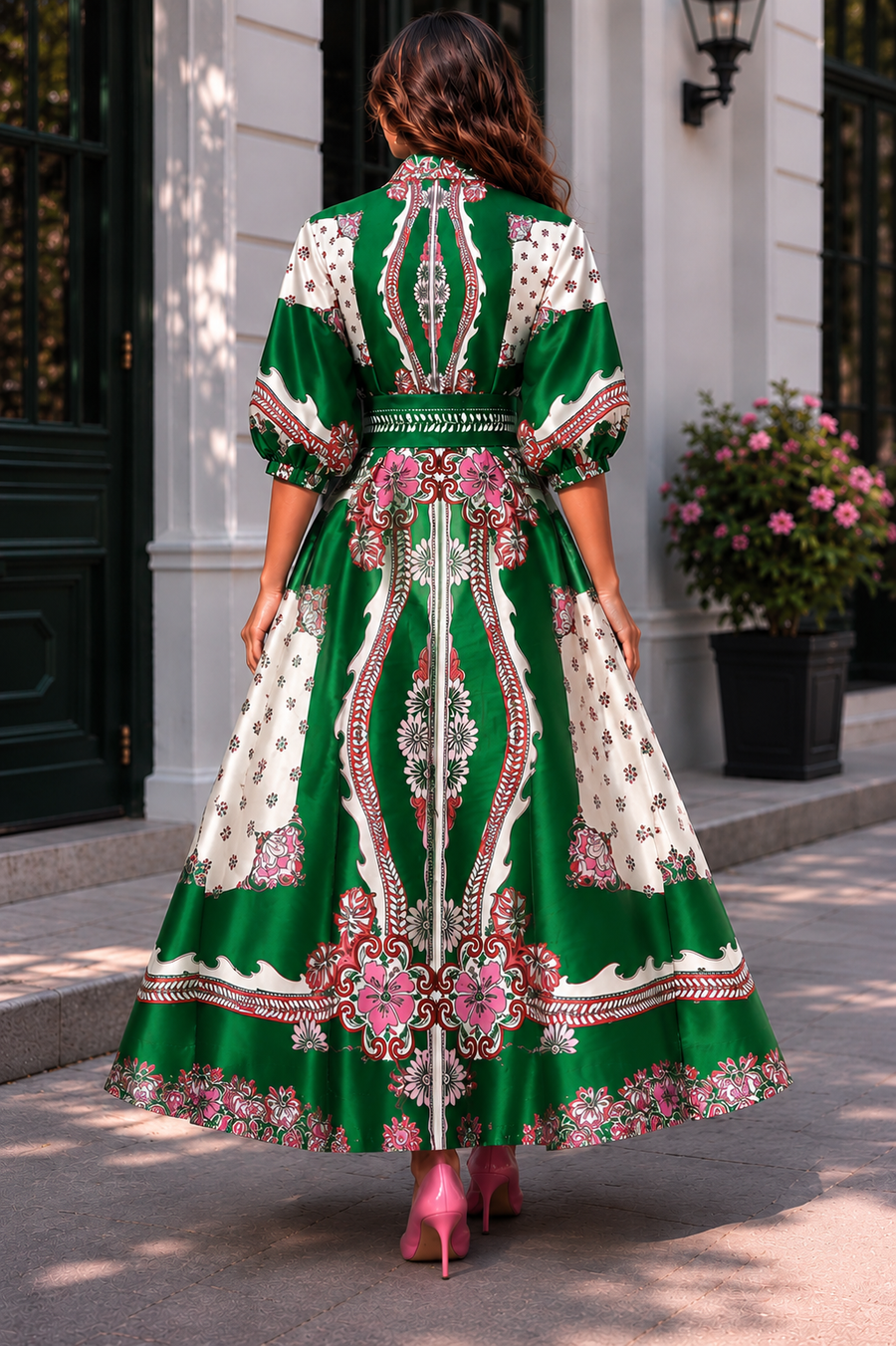 A96201 FLORAL BORDER MIKADO MAXI DRESS