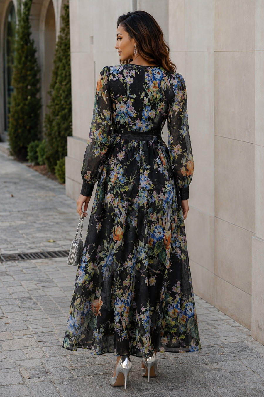 TL0008 WATERCOLOR BLOOM STUDDED ORGANZA MAXI DRESS (PNK, BLK)