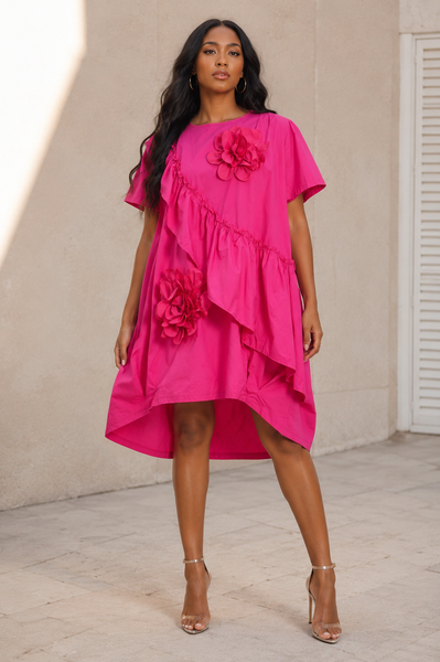 S3158 RUFFLE FLOWER MIDI DRESS (ROSE, GRN)