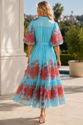 CH885 FLORAL PRINT BUTTON-FRONT ORGANZA MAXI DRESS