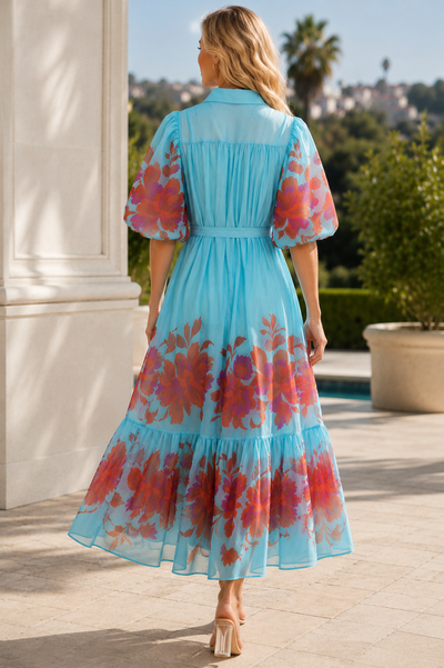 CH885 FLORAL PRINT BUTTON-FRONT ORGANZA MAXI DRESS