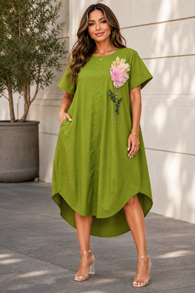S3157 CRYSTAL APPLIQUE CURVED HEM MIDI DRESS