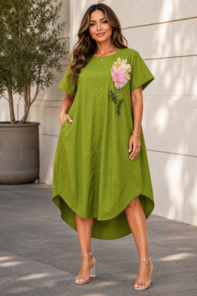 S3157 CRYSTAL APPLIQUE CURVED HEM MIDI DRESS