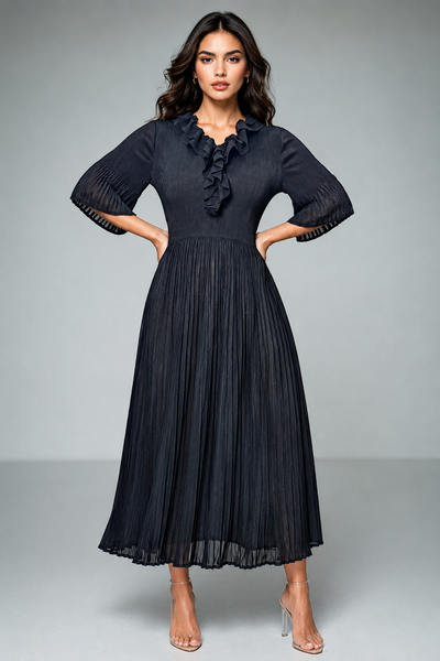 NY0029 RUFFLE NECK CRINKLED MIDI DRESS