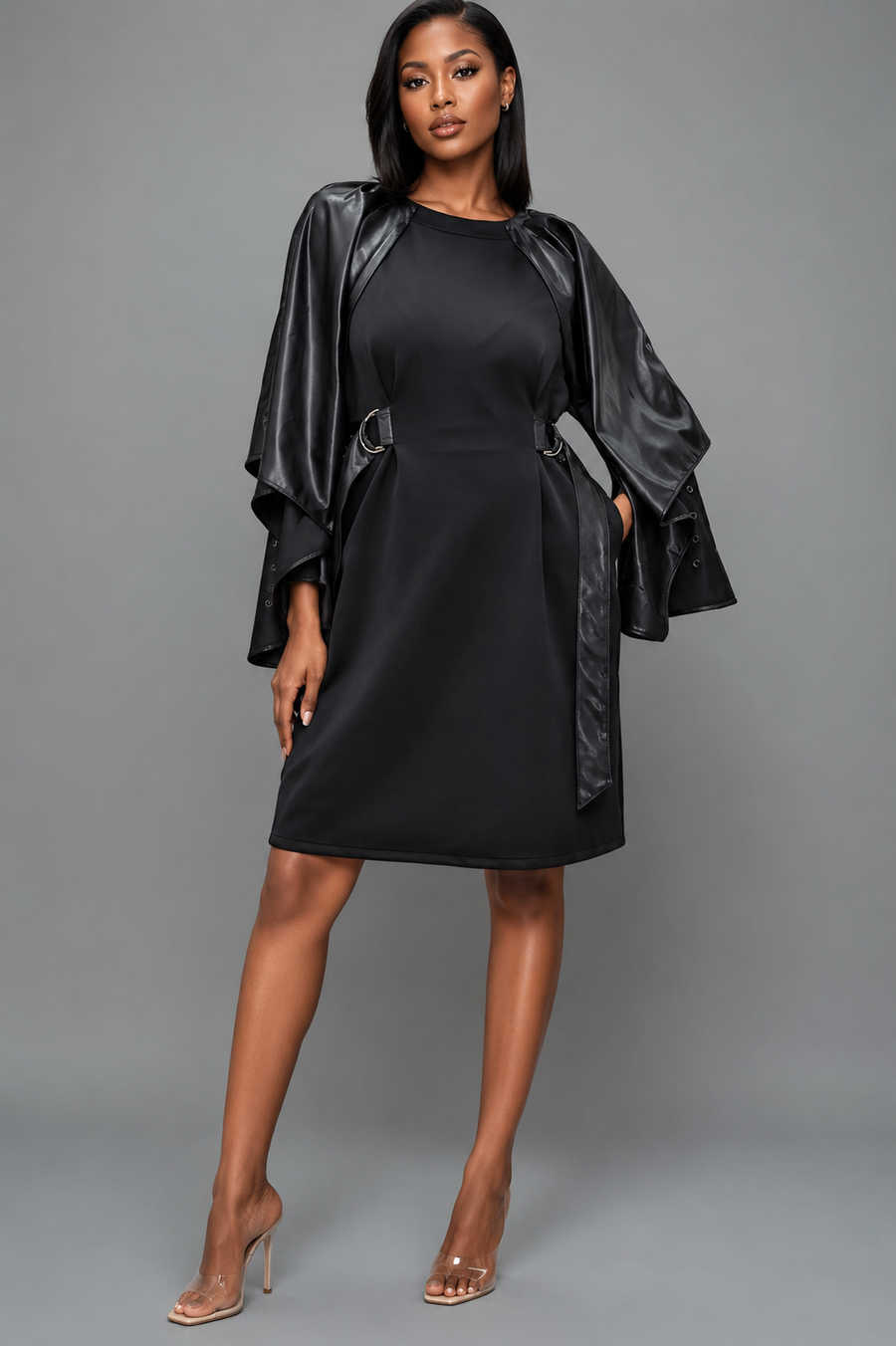 W5376 FAUX LEATHER CAPE SLEEVE DRESS (GRN, BLK)