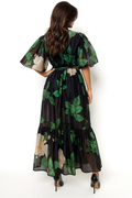 GF1213 STAND COLLAR BUBBLE SLEEVE DRESS (GRN/PNK, GREEN)