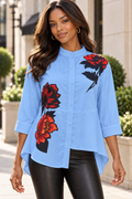 T1911 ROSE PRINT ASYMMETRICAL HEM TOP (WHT, BLU)