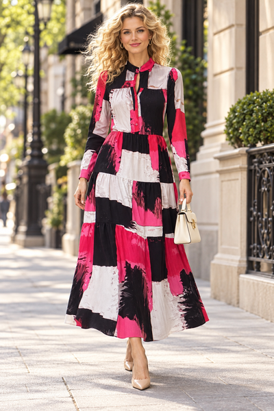 W5050 ABSTRACT COLORBLOCK TIERED MAXI DRESS (PINK, GRN)