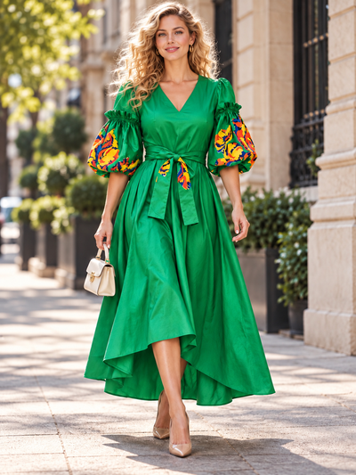S235 PUFF SLEEVE DRESS (BLUE, WHT, GRN)