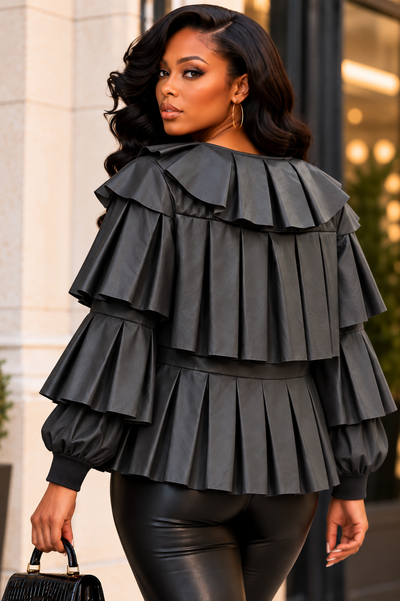X7566 RUFFLED LEATHER JACKET TOP (BLK, RED, MUST, PINK)