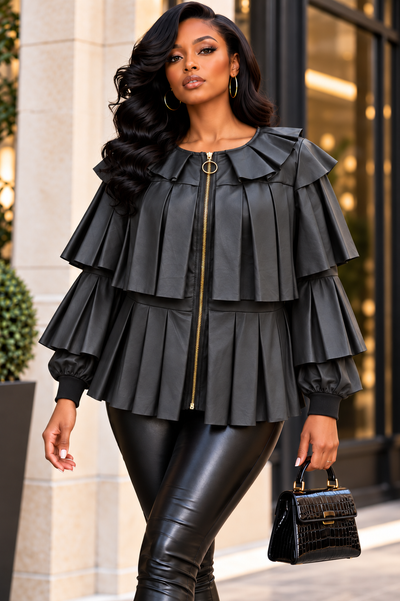 X7566 RUFFLED LEATHER JACKET TOP (BLK, RED, MUST, PINK)