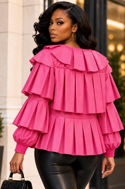 X7566 RUFFLED LEATHER JACKET TOP (BLK, RED, MUST, PINK)