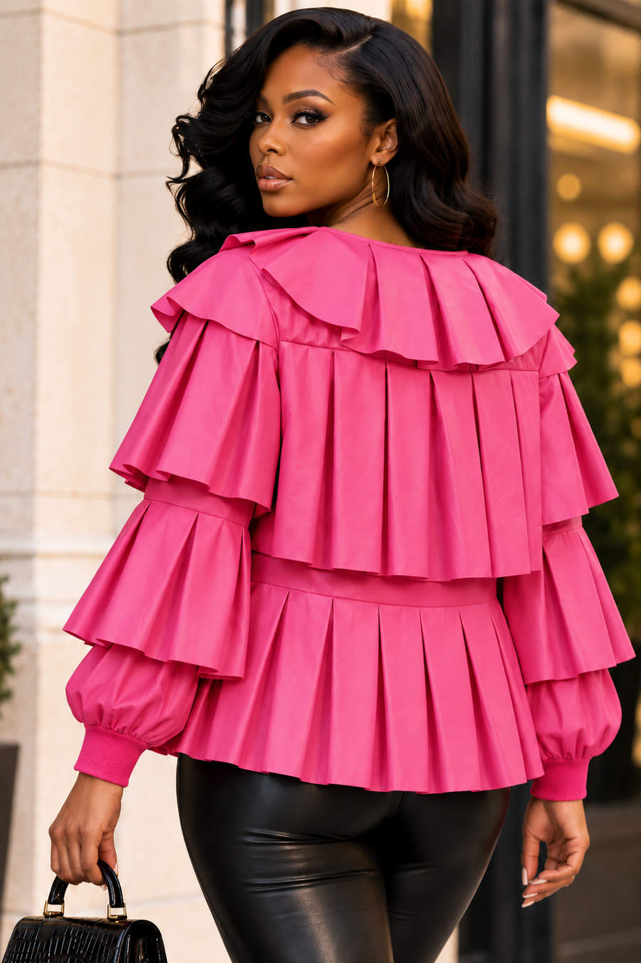 X7566 RUFFLED LEATHER JACKET TOP (BLK, RED, MUST, PINK)