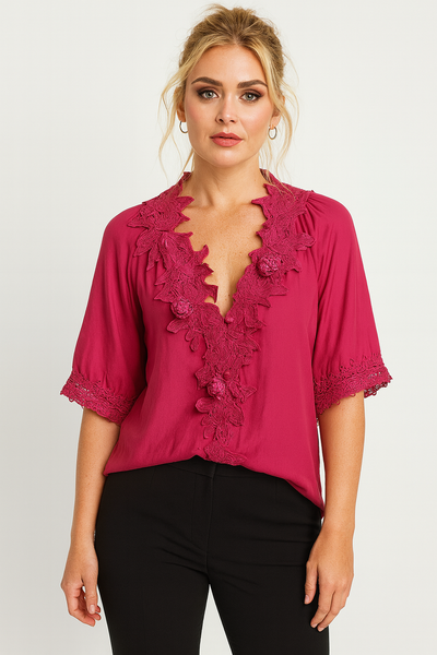 W5958 LACE TRIM TOP (ROSE, WHT)