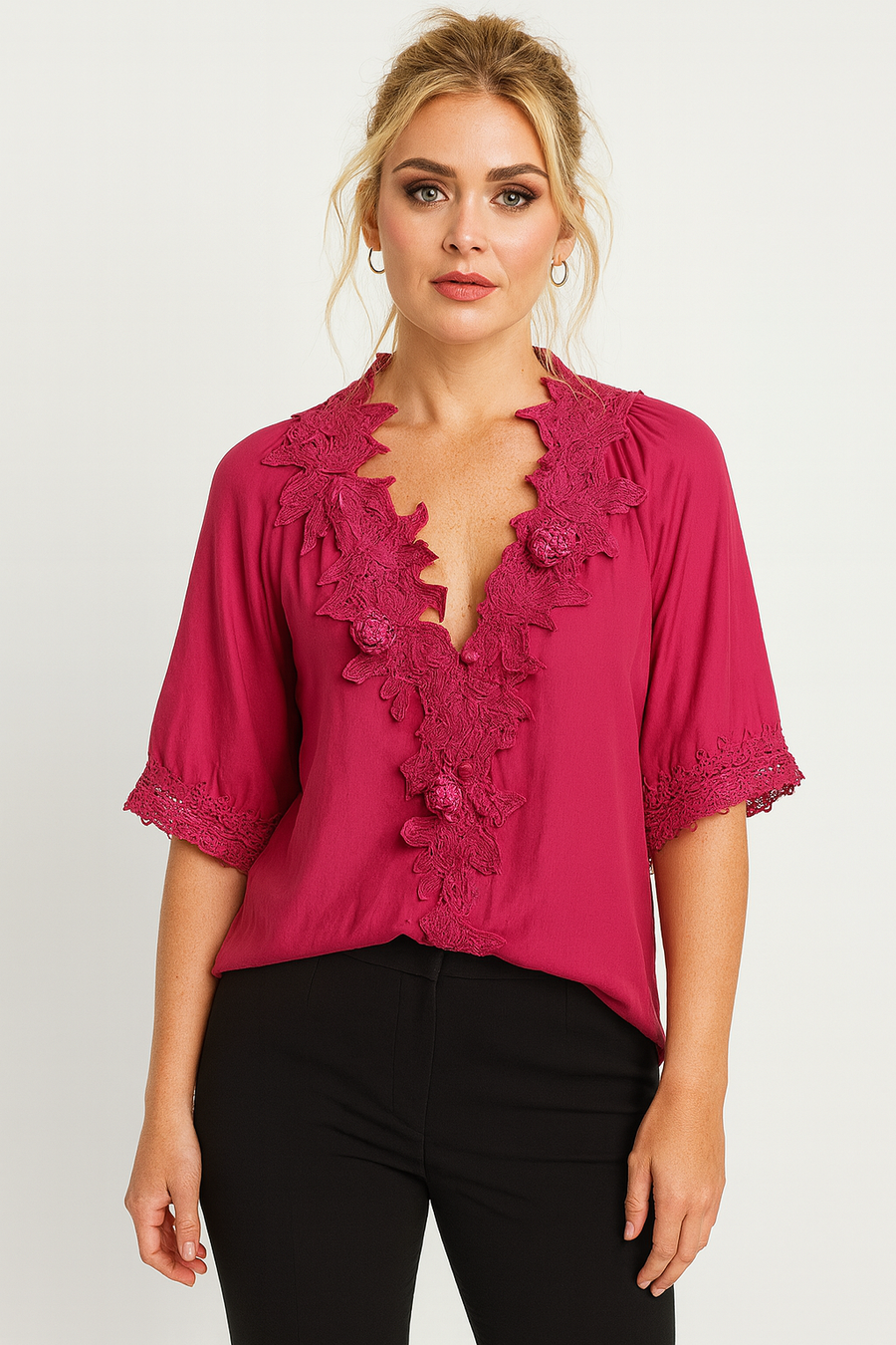 W5958 LACE TRIM TOP (ROSE, WHT)