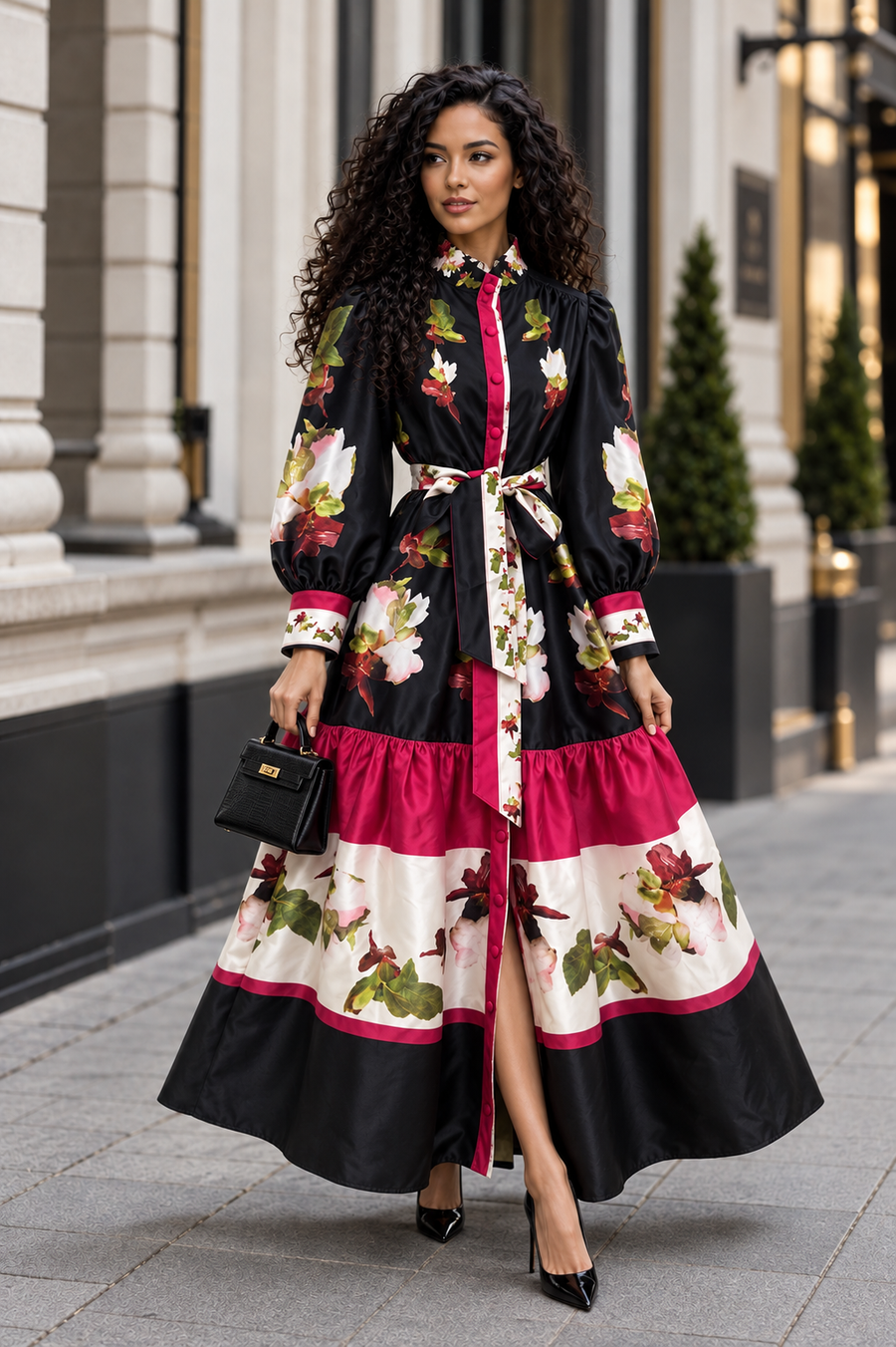 TL0019 HERITAGE FLORAL BORDER PRINT MIKADO MAXI DRESS