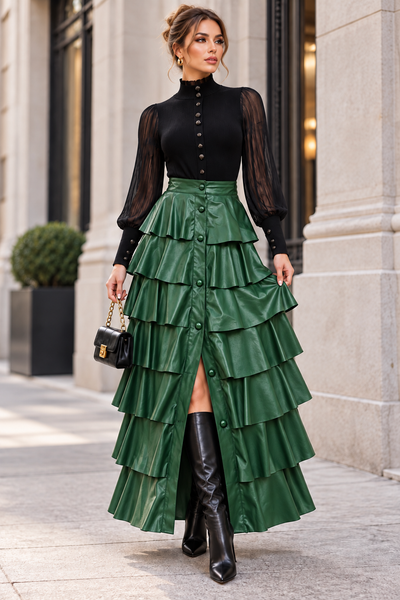 X7069 LEATHER TIERED RUFFLE MAXI SKIRT(GRN, BLK)