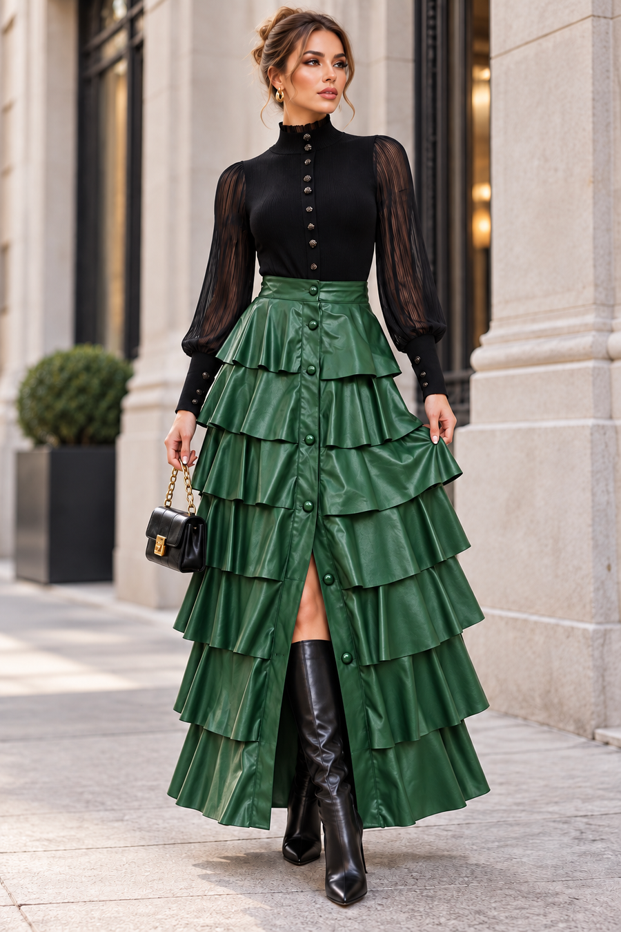 X7069 LEATHER TIERED RUFFLE MAXI SKIRT(GRN, BLK)