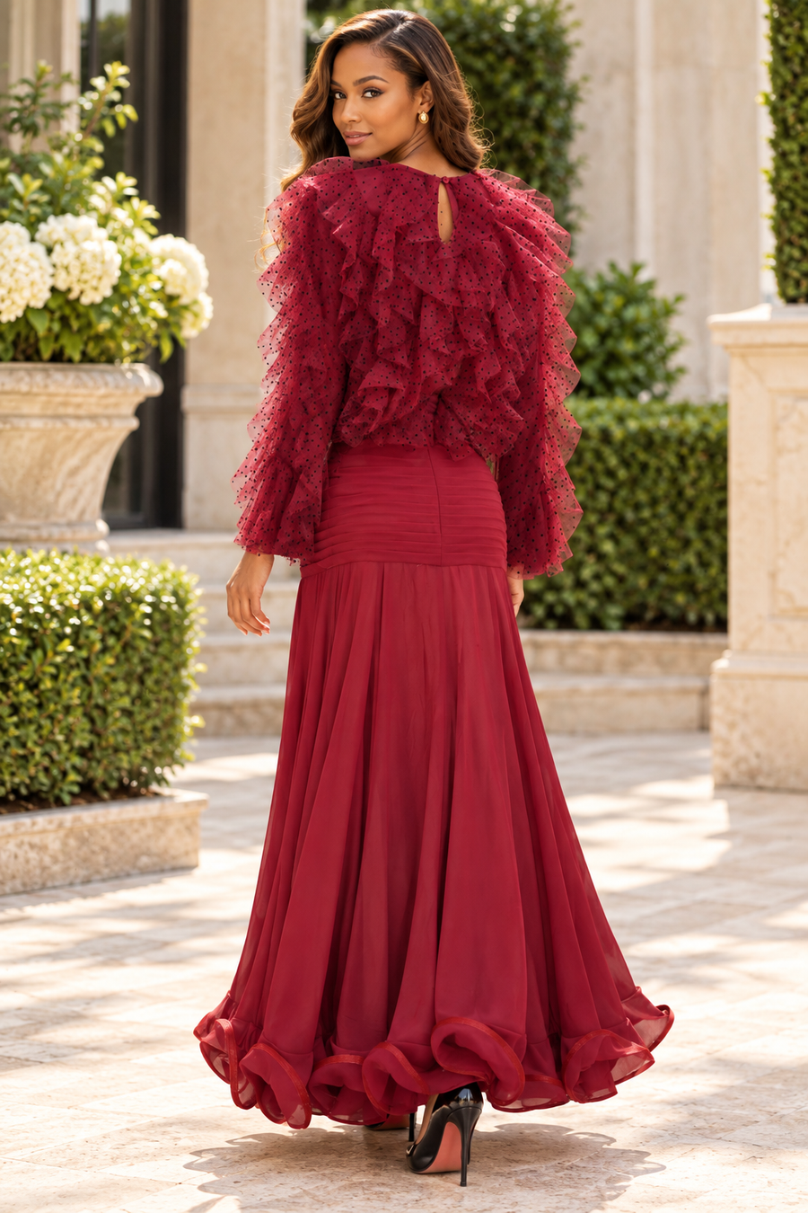 X8082 PLEATED FLOUNCE MAXI SKIRT (BLK, RD)