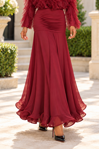 X8082 PLEATED FLOUNCE MAXI SKIRT (BLK, RD)