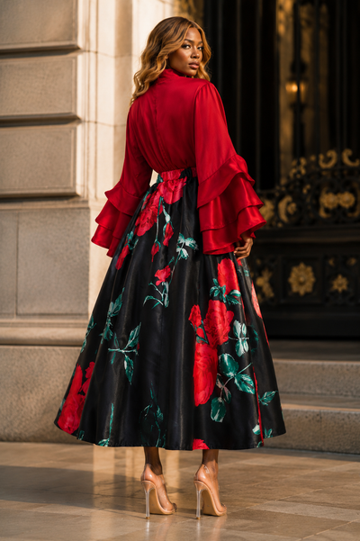 TL90656 FLORAL MIKADO MAXI SKIRT