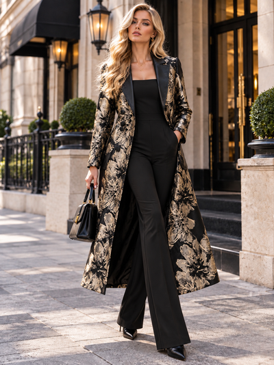 TL0061 METALLIC FLORAL JACQUARD BELTED MIDI JACKET DRESS