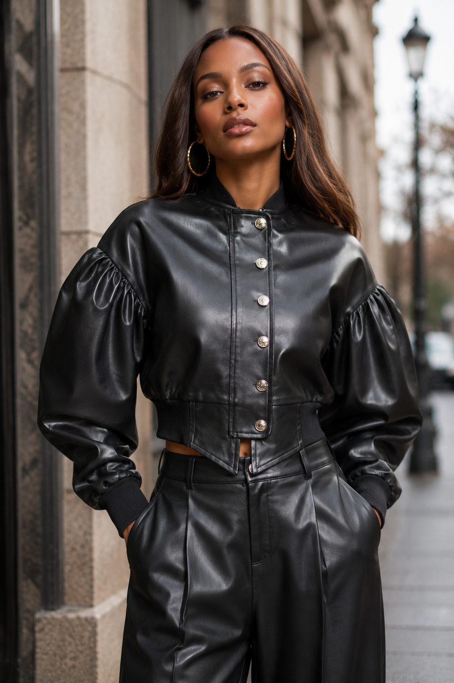 CH0098 PUFF-SLEEVE BOMBER JACKET TOP (BLK, GRN, WIN)