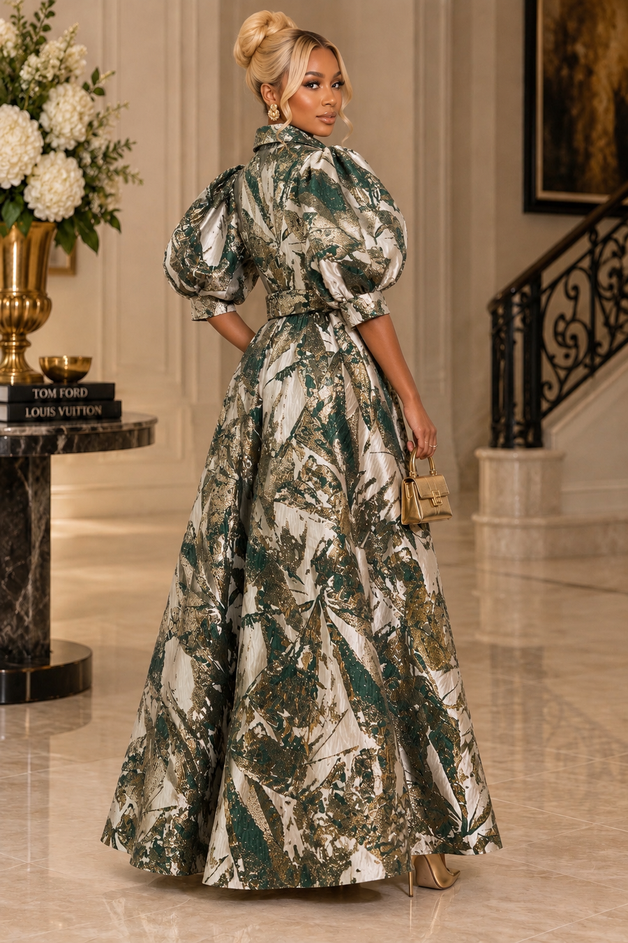 GF17976 ABSTRACT PRINT BROCADE PUFF-SLEEVE MAXI DRESS