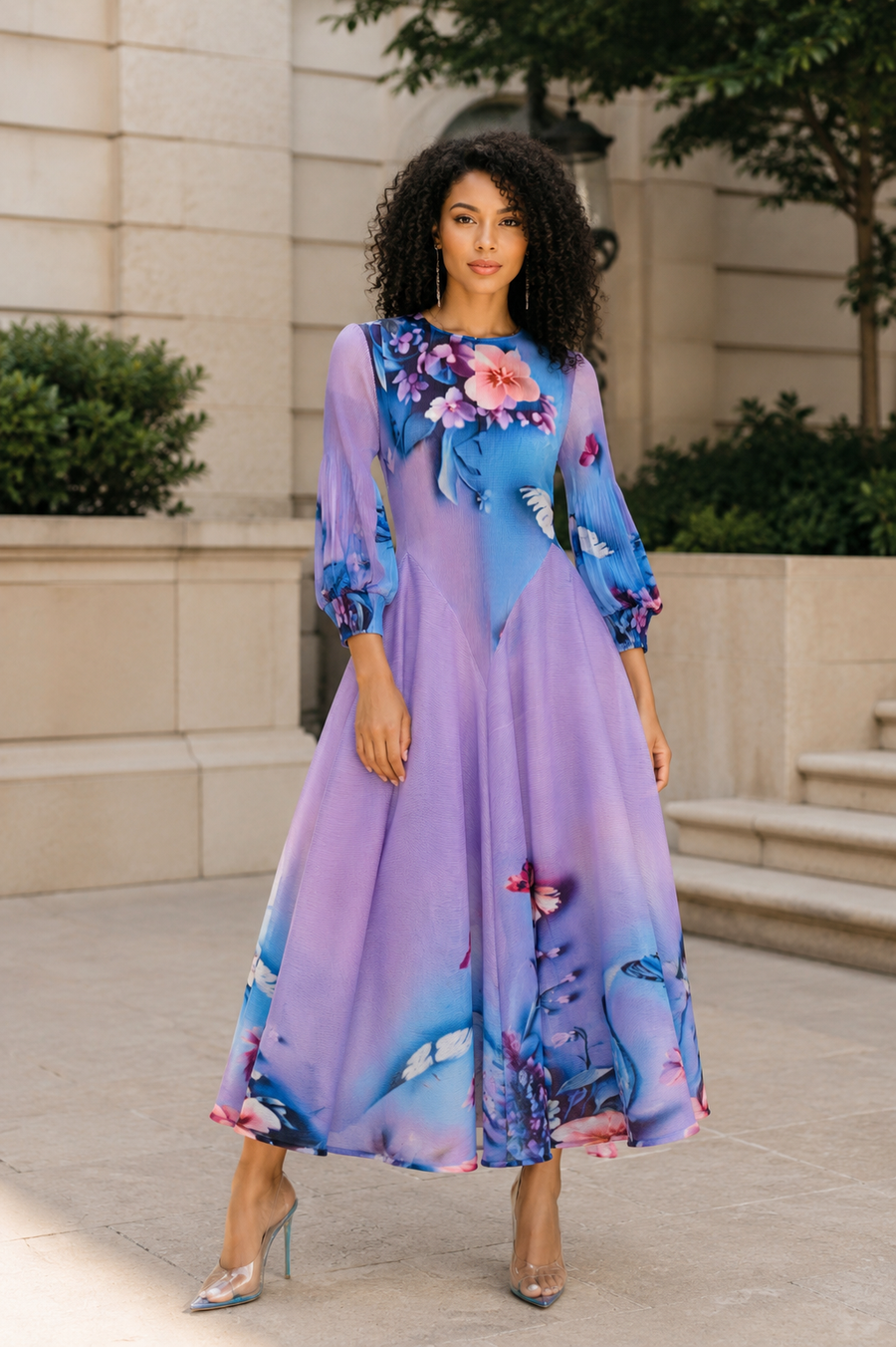 NY0069 BUTTERFLY PLEATED CRINKLE MAXI DRESS