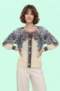 D7413 BUTTON-FRONT PUFF SLEEVE CRINKLED TOP