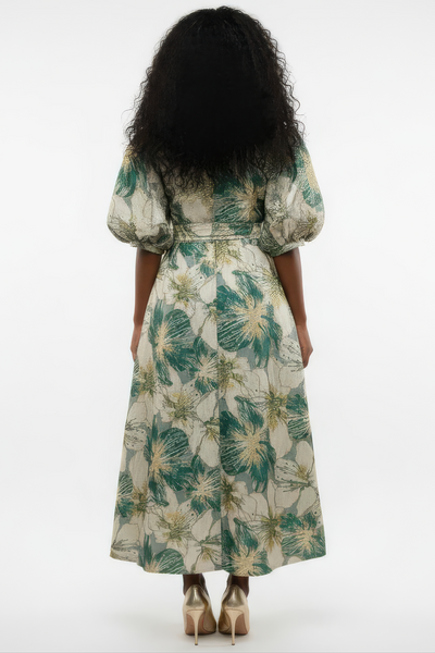 A95142 BROCADE PUFF SLEEVE MAXI DRESS