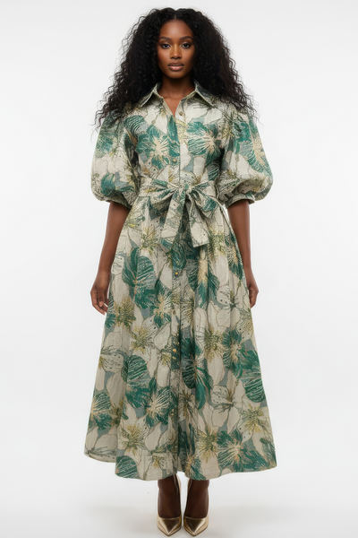 A95142 BROCADE PUFF SLEEVE MAXI DRESS