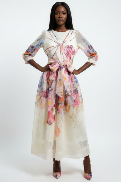 X2502 FLORAL PIPING SHEER MAXI DRESS