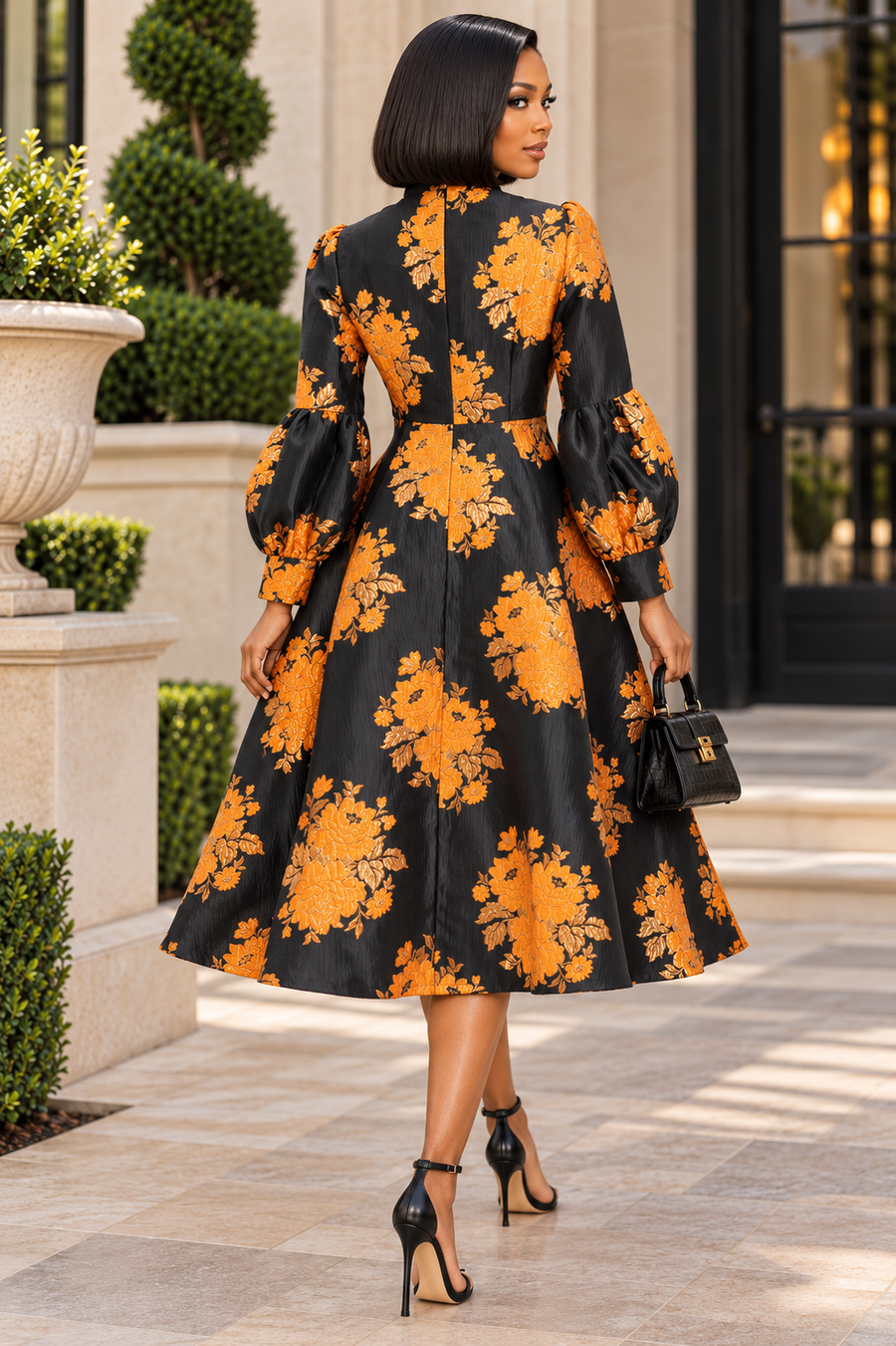 TL9057 FLORAL BROCADE BOW-NECK MIDI DRESS