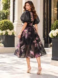 T2579A PUFF SLEEVE BROCADE DRESS