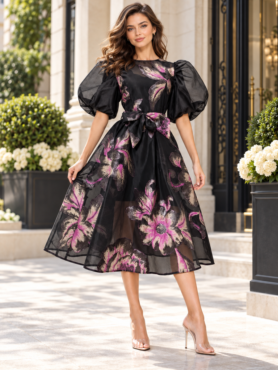 T2579A PUFF SLEEVE BROCADE DRESS
