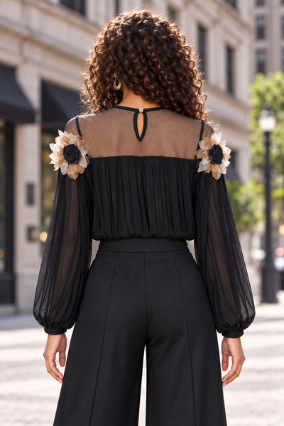 W6638 PLEATED FLORAL APPLIQUÉ TOP