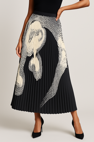 X7793B ABSTRACT PRINT PLEATED SKIRT