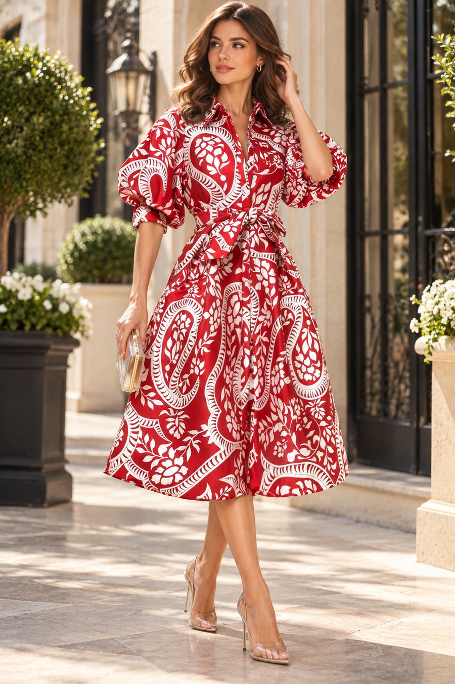 W5152R PUFF SLEEVE MIDI DRESS