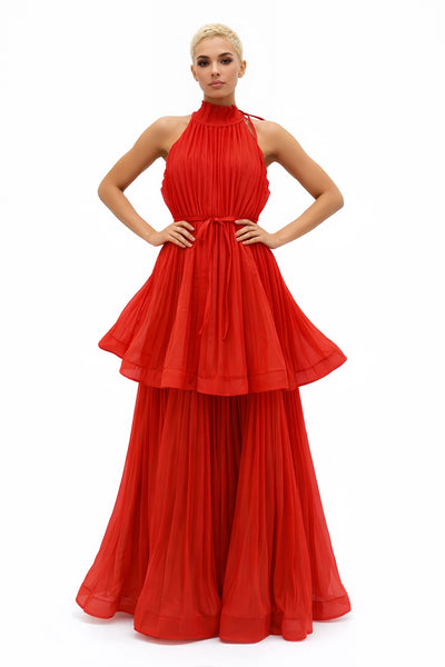 GF1623 PLEATED TIERED HALTER MAXI DRESS (RED, YEL, BLU, WHT)
