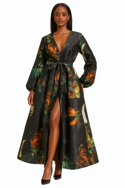T2601 ELEGANT FLORAL COAT DRESS